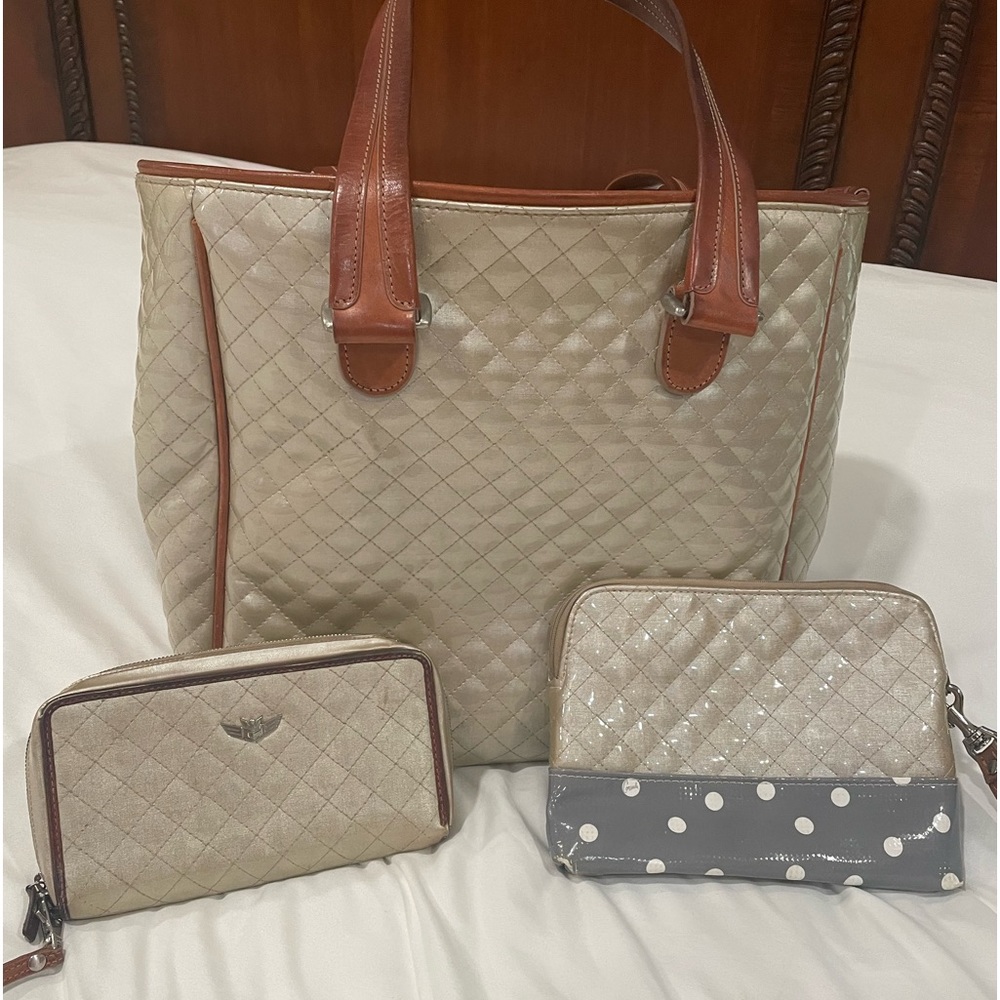Consuela Classic Tote, matching wristlet wallet, and matching small makeup bag.